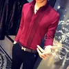 Erkek Smokin Gömlek Ön Pileli Katı Elbise Slim Fit Uzun Kollu Bluz Beyefendi Sağdıç Parti Düğün Siyah Kırmızı Beyaz Tops 220401