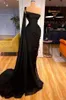 Yeni Siyah Bir Omuz Şifon Deniz Kızı Prom Elbiseleri 2022 Domuzlu Boncuklu Omuz Şal Süpürme Treni Resmi Partisi Akşam Elbise BC12796