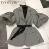 TVVovvin Blazer Single Breasted Puff Sleeve Plaid Ladies Blazer Coat Retro Lace Up Women S Slim Suit Jacket Autumn LJ201021