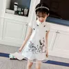 Children qipao dress traditional chinese dress flower girls cheongsam for kids princess crane print mesh turtleneck clothes 210329