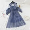2022 Women Fashion Dress Stand Collar Lantern Sleeve Mesh Dress See-through Lace Embroidery Fairy Dress Femme Vestidos Robe 220317