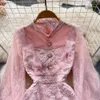 Robe rose en dentelle ajourée pour femmes, douce, col rond, manches évasées, volants, broderie, Jacquard, printemps été, 2022