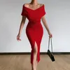 Casual Kleider Off Schulter Bodycon Frauen 2022 Sommer Dünne Lange Split Kleid Damen Vintage Party Mit Gürtel