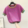 2023 Nya koreanska korta ärmkvinntröjor Summer 2022 Elegant O Neck Beading Flower Sticked Topps Female Pullover Jumper Clothes