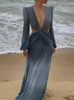 Sexig V-ringning Backless Hollow Out Dress Summer Women Lantern Sleeve Club Party Long Maxi Dresses Tunic Beach Cover Up A916 220531