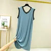 Ropa de dormir para mujer Vestido de verano para mujer Coreano con cuello en V Chaleco de encaje modal Camisón Camisón sin mangas de longitud media Camisón suelto Ropa de casa Mujer Camisón