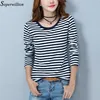 Långärmad T-shirt Kvinna Kvinnors Svart Vit Striped Tshirt Bomull Vår Höst Tee Shirt Lady Tops Basic Casual M09 220411