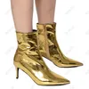 Rtic Handmade Kobiety Zimowe Botki Kostki Patent Side Zipper Kitten Heeled Siate Toe Pretty Gold Night Club Buty US Rozmiar 5-15