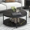 USA STOCK Round Coffee Table Rustic Wooden Surface Top Sturdy Metal Legs Industrial Sofa Table for Living Room Modern Design Home Furniture with Storage Open Shelf