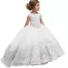 Ivory Vintage Flower Girls' Dresses Baby Infant Toddler Baptism Clothes Satin Ball Gowns Birthday Party Dress Custom Made Puff Sleeve With Tail 403