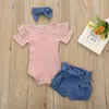 Born Baby Girls Outfits Kläder Bomull Solid Romper Jumpsuit   Denim Shorts   Headband Sweet Set Sommar 23 220425