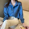 Blouses Femmes Chemises Femmes Printemps Denim Vintage Poches minimalistes Loisirs All-Match Doux Japon Style Élégant Basic Feminino Tops Colleg