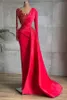 Red Mermaid Evening Dresses Sheer Long Sleeves Beading Tassel Ruched Arabic Formal Party Gowns Celebrity Met Gala Prom Wears BC9410