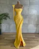 One Shoulder Yellow Evening Dresses Party Wear Satin Pearls High Side Split Mermaid Prom Dress Custom Made Women Formal Gowns