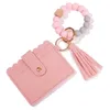Stock Fashion PU Leather Bracelet Wallet Keychain Tassels Bangle Key Ring Holder Card Bag Silicone Beaded Wristlet Keychains Handb8207198