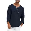 Camicie larghe da uomo nuove T-shirt a maniche lunghe in cotone Henley T-shirt medievale con lacci o collo Top da esterno Camicetta casual di marca di moda Y220426