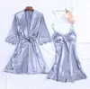 Vêtements de nuit pour femmes Femmes 2pcs Navy Blue Robe Ensembles Sexy Satin Split Lingerie Robe de chambre Kimono Col V Chemise de nuit Nighty Loose Lounge Home C