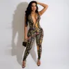 Sexy Club Jumpsuits Womens V Neck Bodycon Clubwears Kvinna Multi Pattern Print Onies Zip Up Slim Long Catsuits Playsuits