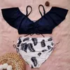 Sexy Mode-Badeanzug für Damen, Badebekleidung, Schwimmen, Strandmode, zweiteiliges Set, marineblauer Farbdruck, Übergröße, ohne BH, Bügelunterstützung, Sommer-Badeanzüge, Bikinis