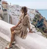 Fırfırlar ahşap kulak çiçek baskısı kadın bohem elbise vintage v boyun çizgili yarım kollu boho elbiseler tatil femme vestido 220511