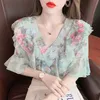 Tatlı fırfırlı şifon gömlek kadınlar Kore yaz elbisesi tasarım duygusu batı tarzı ve ince çiçek gömlek 220520