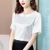 Blusas de mujer Camisas Blusa de verano Fahion para mujer Camiseta de manga corta de satén para mujer Camiseta con cuello redondo Jacquard Seda Estampado sólido OL Tops para mujer