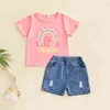 Citgeett Summer Kids Girl Girl Manga curta Tops bege shorts de jeans de arco -íris imprimir conjunto de roupas casual estilo j220712