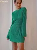 Clacive Elegant Green Pleated Women'S Dress Sexy Long Sleeve Party Dresses Lady Bodycon Hollow Out Mini Dress For New Year 2022 T220804