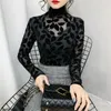 Korean style High neck Velvet Mesh Tops Long-sleeved Black bottoming shirt Sexy Women's t-shirt 220321