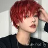 Fashion 12" Short Straight with Bangs Male Boy Synthetic Red Wigs for Women Men Cosplay Anime Costume Daily Party Wig 220622