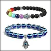 Link Chain Bracelets Jewelry 2Pcs Evil Blue Eye Beaded Charm Stretch Bracelet 7 Chakras Gemstone Lava Stone Hamsa Hand Dh4Qc