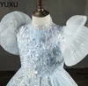 Sequined Blue Tulle Flower Girl Планты кристаллы с бисером корсет задний пол длины для девочек.