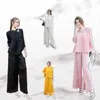 Women's Two Piece Pants Women's Miyake Pleated Suit Female 2022 Spring Retro Style Pure Color Tied Top Butterfly Split Flared