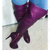 Dados da perna Rontic Personalizar mulheres inverno sobre as botas do joelho STILETTO saltos redondos dedo do pé lindo Borgonha Festa Sapatas Tamanho 5-20