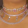 Bedelarmbanden ijskoud 12 mm Cubaanse link ketting Bracelet Women Men Hip Hop Jewelry Fashion Rose Gold Color Baguette Pink CZ Crystal Giftcharm