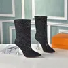 Amina Muaddi Sun Buckled Cubic Thin Heel Black Stretchy Sock Style Ankle Boots 뾰족한 발가락 측면 지퍼 가죽 밑창 부츠와 상자 No387