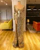 Gold Sexy Mermaid Evening Dresses 2022 long sleeve High Split Sequined diamonds Plus Size Prom engagement Pageant gown Vestidos De Fiesta