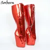 Sorbern Metallic Red Mid Calf Женские сапоги Балетки Кружева на молнии Гот Стиль платформы BDSM Обувь