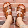 Sandalet Yaz Moda Erkek Ayakkabı Vintage Gerçek Deri Değli Slip Beach-On Seyahat Flip Flop Terlik Siyah Brownsandals