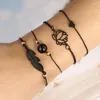 Gliederkette, 4-teilig, böhmisches schwarzes Seil-Armband-Set für Frauen, Liebesherz, durchbrochene Lotuskugel, Blätter, Charm-Armreif, Boho-Schmuck, Geschenk, Fawn22