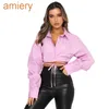 Summer New Long Sleeved Women Crop Tops Solid Color Cardigan Bandage Blouse Lapel Single Breasted Urban Leisure Fashion Shirt