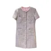 Autumn Round Neck Tweed Panelled Dress Pink Solid Color Short Sleeve Pockets Single-breasted Casual Dresses 6288309363356227