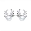 Stud Earrings sieraden Luxe Pearl Antlers Kerstrendier Elk Animal Rhinestone Crystal Sier For Women Girls Fashion Drop Delivery 2021