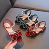 Sandaler Summer Pearl Rhinestone Bow Fashion Princess Shoes 2022 Girls Non-Slip Kids Black Red Size 25-36