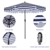 屋外パティオ傘9フィートのフラップマーケットテーブル傘8プッシュボタンの傾きとクランク付きの頑丈なリブ、青/白と白[傘のベースは含まれていません]