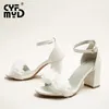 Block Heels for Women Sandals Pumps Flower Sexy White Summer Ankle Buckle Black Elegant Chunky Heel Wedding Bridal Shoes 220516