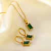 Chains Stainless Steel Green Zircon Nekclace Creative Square Emerald 18K Gold Plated Hoop Earrings Women Girls Fashion Jewelry SetChains