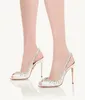 Słynne letnie luksusowe pokusa sandały z kryształkami buty dla kobiet zdobione pcv Peep Toe Sexy Sling-back wysokie obcasy wesele ślubne