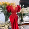 Party Dresses Puffy Sleeves Red Mermaid Evening Sheer Neck Velvet Pleats Appliques Arabic Aso Ebi Formal Gowns Women Prom WearParty