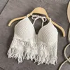 New European fashion design women's beach holiday style hater neck crochet floral hollow out padded bustier bra tassel bottom tank camisole